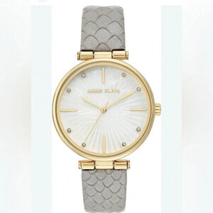 Anne Klein Women Gold Tone White Sunray Dial Crystal Accents Grey Snake